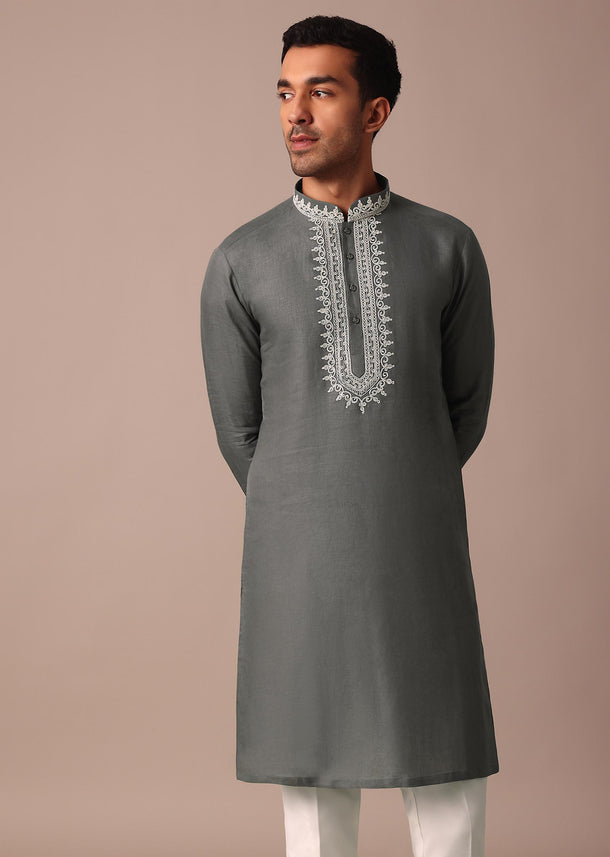 Grey Linen Kurta With Embroidered Yoke