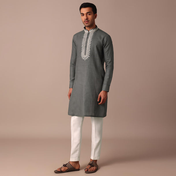 Grey Linen Kurta With Embroidered Yoke