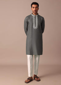 Grey Linen Kurta With Embroidered Yoke