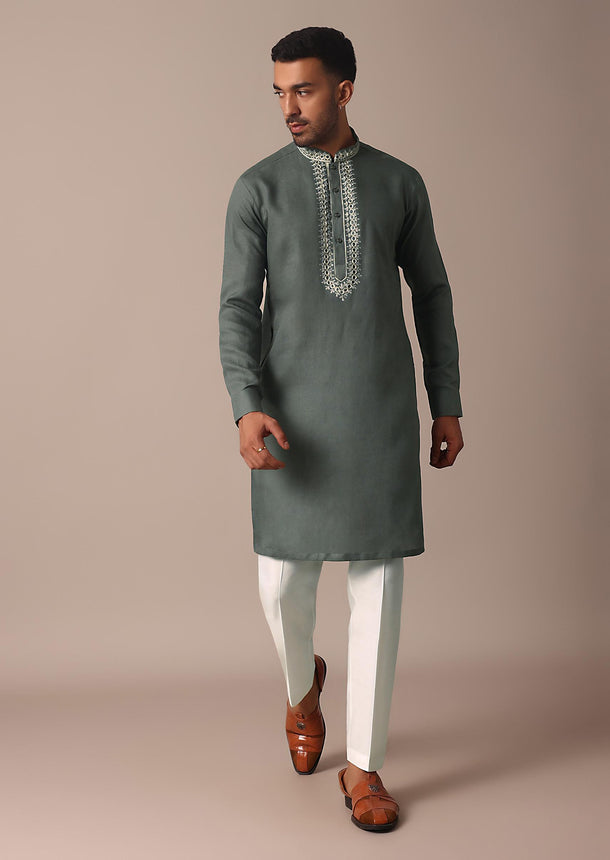 Grey Linen Kurta With Intricate Yoke Embroidery