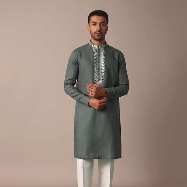 Grey Linen Kurta With Intricate Yoke Embroidery