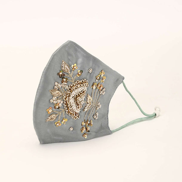 Grey Mask In Silk With Moti And Zardosi Embroidered Floral Motif