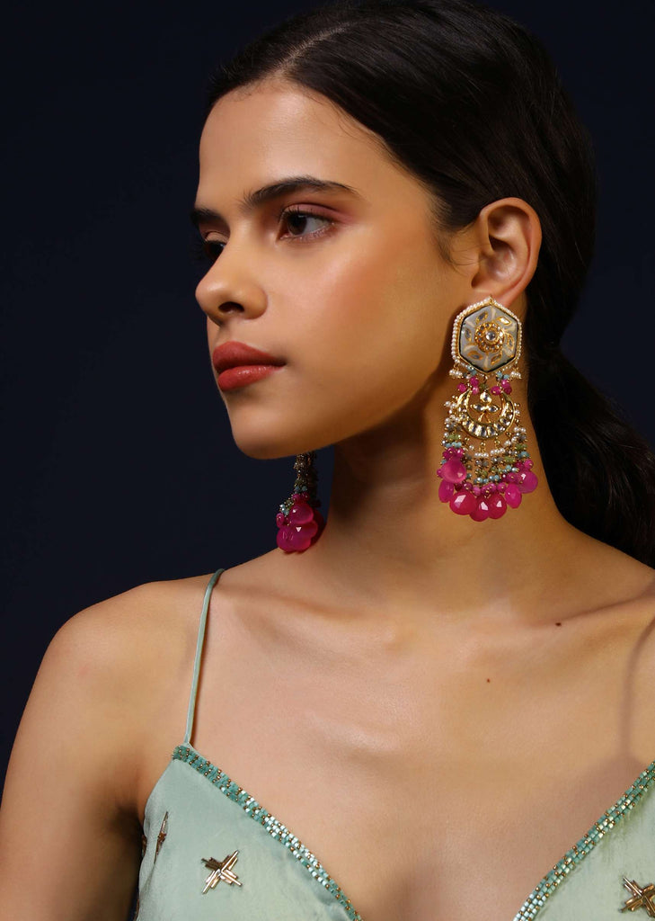 Grey Minakari Jhumkas With Kundan, Moti And Bead Fringes In Shades Of Pink And Blue