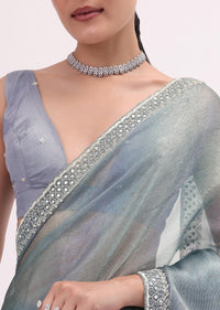 Grey Mirror Embellished Saree WIth Unstitched Blouse