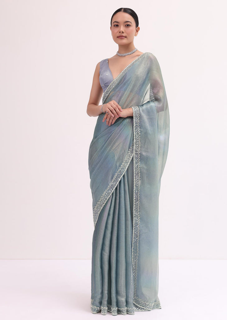 Grey Mirror Embellished Saree WIth Unstitched Blouse