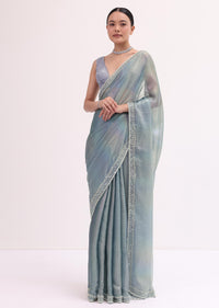 Grey Mirror Embellished Saree WIth Unstitched Blouse