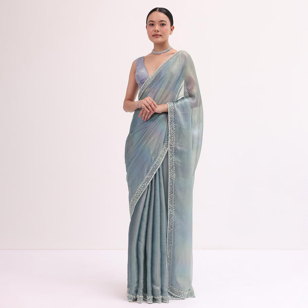 Grey Mirror Embellished Saree WIth Unstitched Blouse