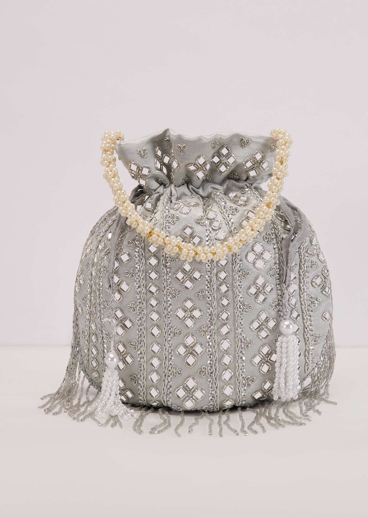 Grey Mirror Work Silk Potli With Tassels And Pearl Handle