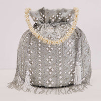 Grey Mirror Work Silk Potli With Tassels And Pearl Handle