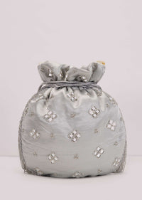 Grey Mirror Work Silk Potli With Tassels And Pearl Handle