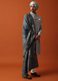 Grey Neckline Embroidered Sherwani Set With Pashmina Dupatta