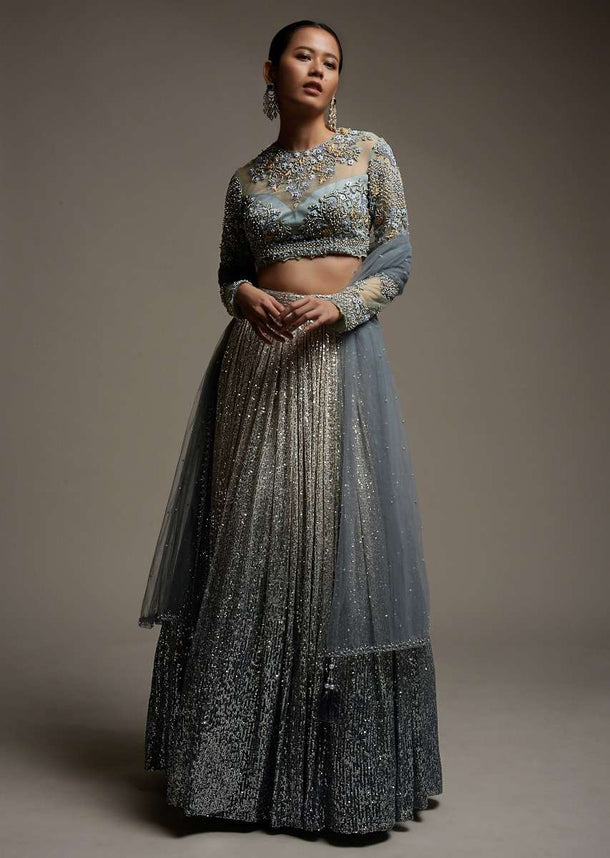 Grey Ombre Lehenga Embellished In Sequins With A Resham And Cut Dana Embroidered Choli