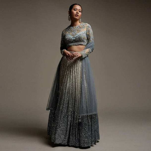 Grey Ombre Lehenga Embellished In Sequins With A Resham And Cut Dana Embroidered Choli