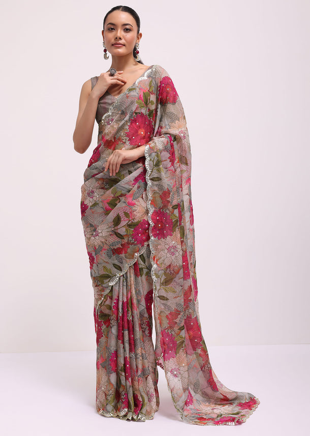 Grey Organza Floral Printed Saree With Unstitched Blouse