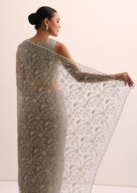 Grey Organza Saree With Thread Work And Unstitched Blouse