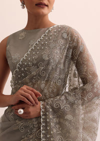 Grey Organza Saree With Thread Work And Unstitched Blouse