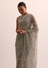 Grey Organza Saree With Thread Work And Unstitched Blouse