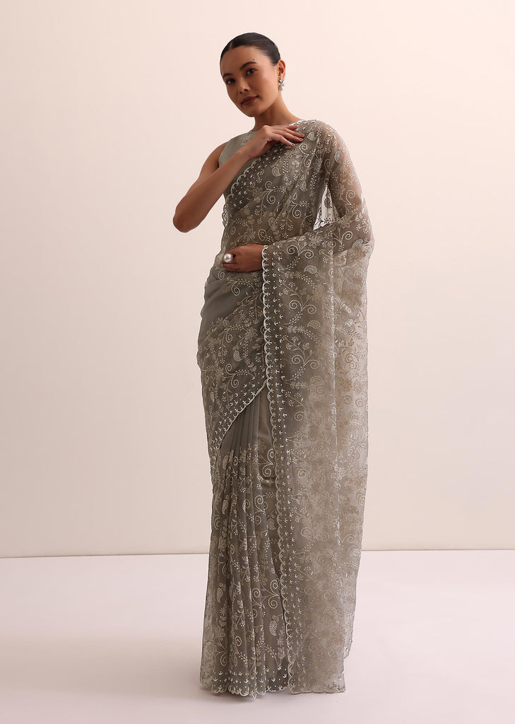 Grey Organza Saree With Thread Work And Unstitched Blouse