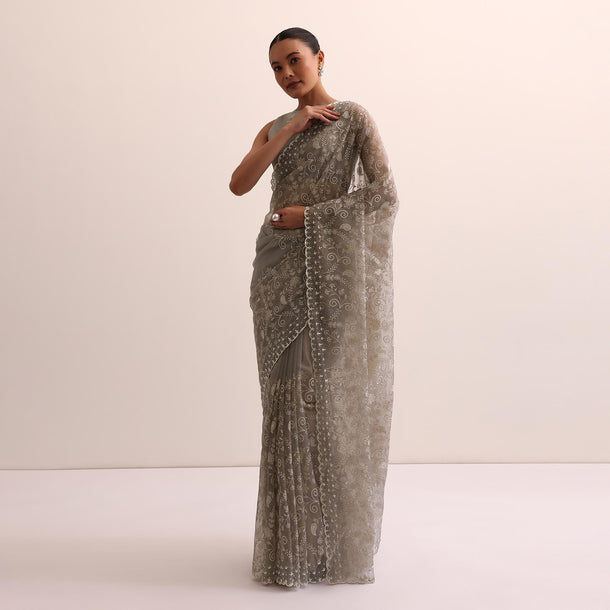 Grey Organza Saree With Thread Work And Unstitched Blouse