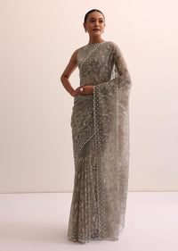 Grey Organza Saree With Thread Work And Unstitched Blouse