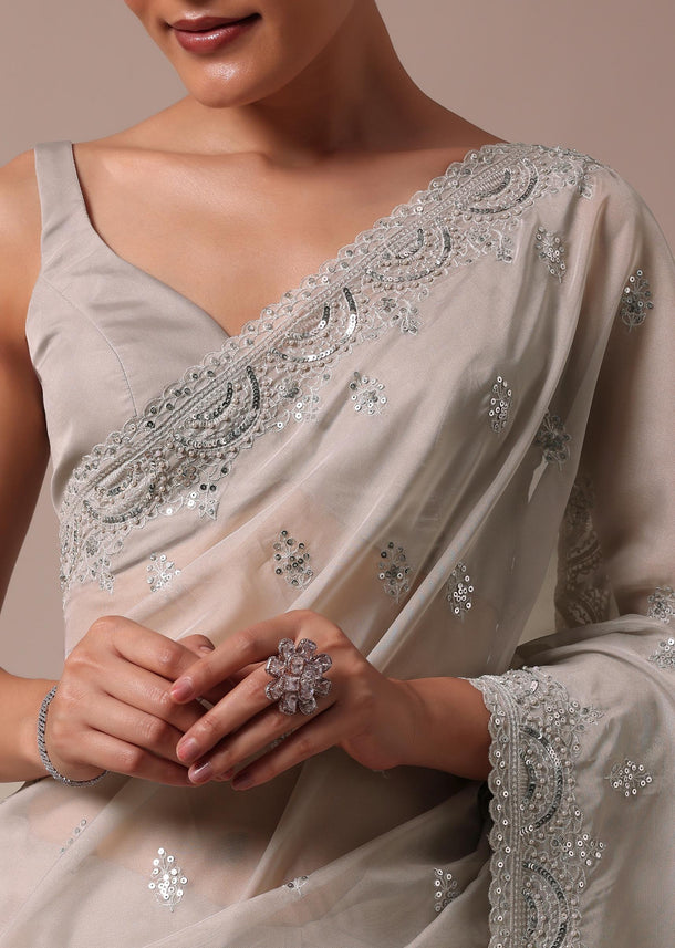 Grey Organza Saree With Unstitched Blouse