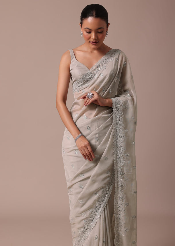 Grey Organza Saree With Unstitched Blouse