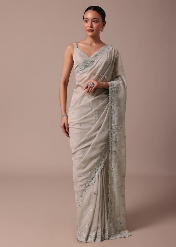 Grey Organza Saree With Unstitched Blouse