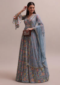 Grey Printed And Embroidered Festive Anarkali With A Net Dupatta