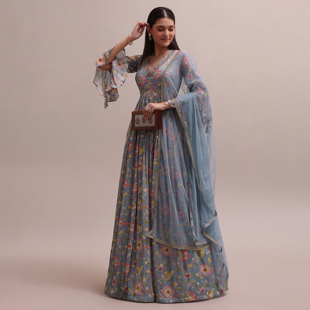 Grey Printed And Embroidered Festive Anarkali With A Net Dupatta