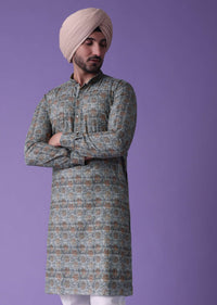 Grey Printed Cotton Silk Kurta Set