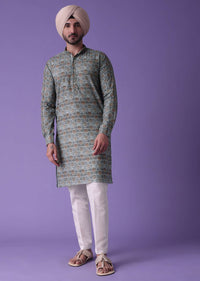 Grey Printed Cotton Silk Kurta Set