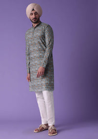 Grey Printed Cotton Silk Kurta Set