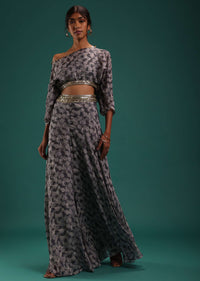 Grey Printed Crop Top And Palazzo Set In Chinon