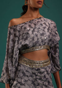 Grey Printed Crop Top And Palazzo Set In Chinon