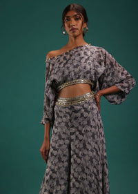 Grey Printed Crop Top And Palazzo Set In Chinon