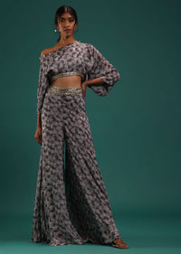 Grey Printed Crop Top And Palazzo Set In Chinon