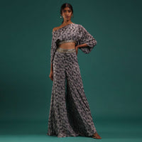 Grey Printed Crop Top And Palazzo Set In Chinon