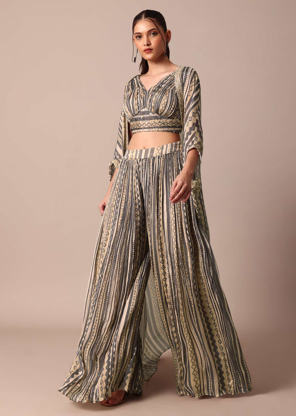 Grey Printed Embroidery Crop Top With Jacket And Palazzo Set