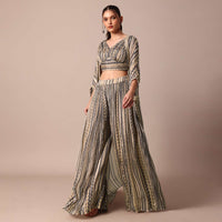Grey Printed Embroidery Crop Top With Jacket And Palazzo Set