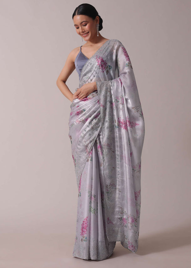 Grey Printed Festive Saree With Embroidery In Satin Organza