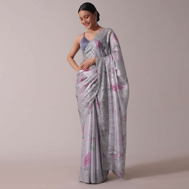 Grey Printed Festive Saree With Embroidery In Satin Organza