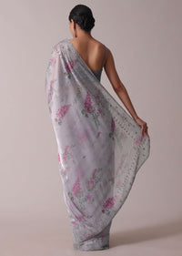 Grey Printed Festive Saree With Embroidery In Satin Organza