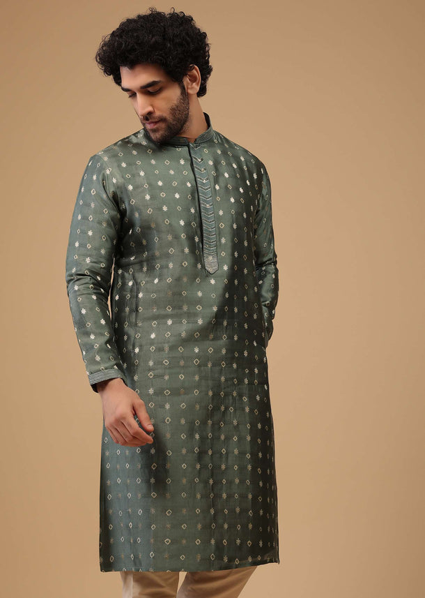 Grey Printed Handwoven Silk Kurta Set With Buttis