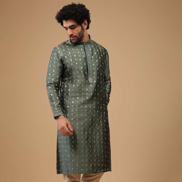 Grey Printed Handwoven Silk Kurta Set With Buttis