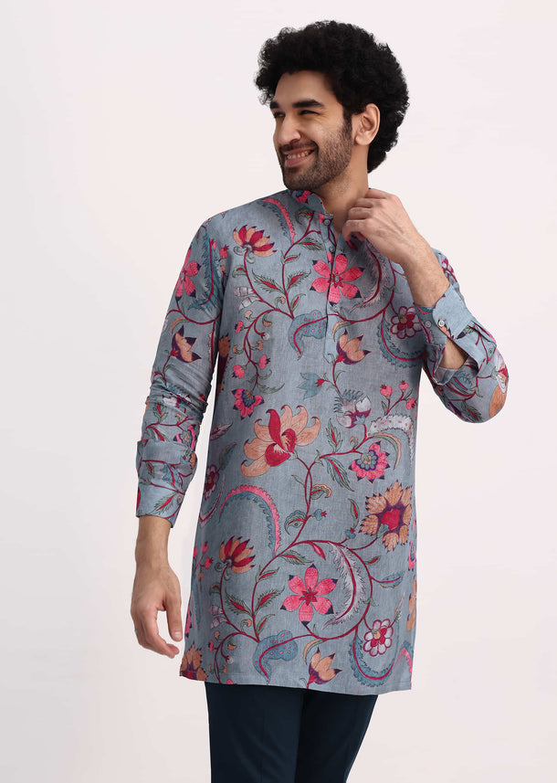 Grey Printed Kurta Set For Men