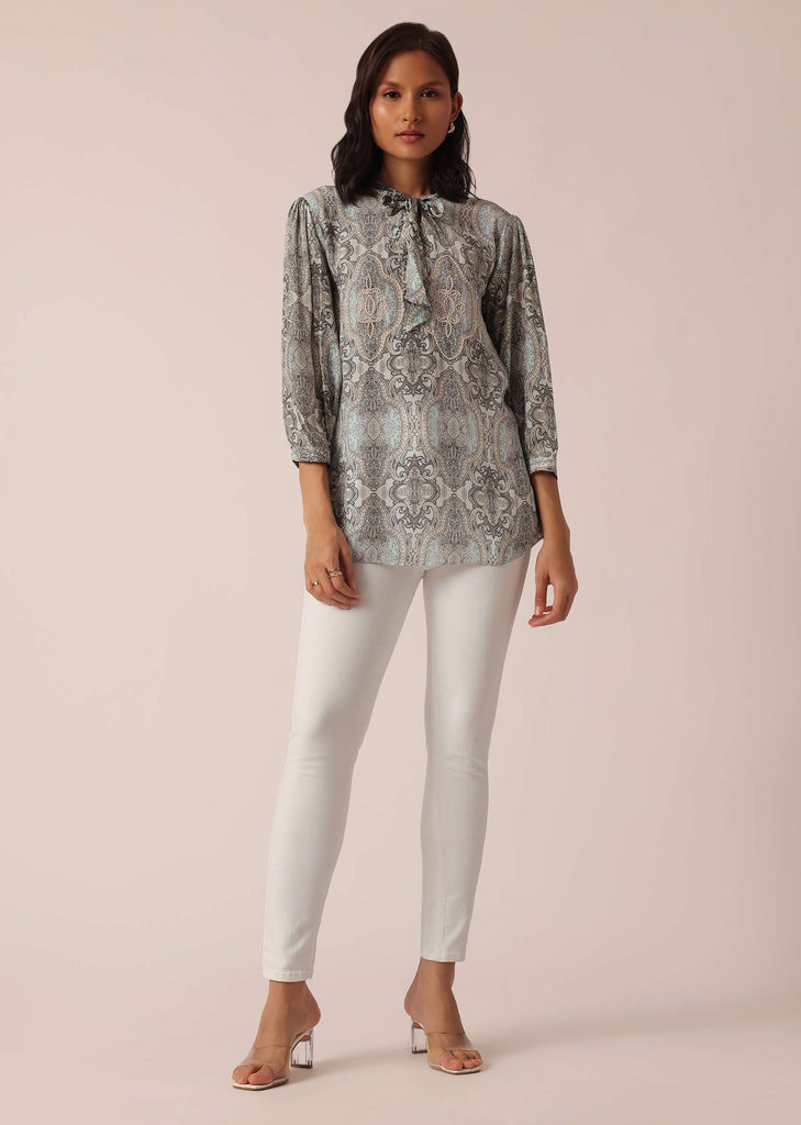 Grey Printed Short Kurta With Sequin Work