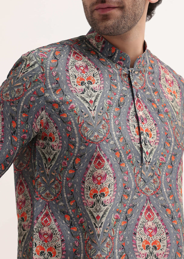 Grey Printed Silk Short Kurta Set For Men