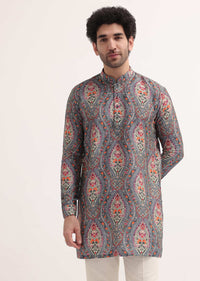 Grey Printed Silk Short Kurta Set For Men