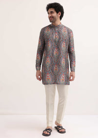 Grey Printed Silk Short Kurta Set For Men