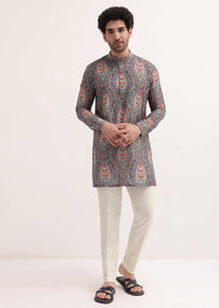 Grey Printed Silk Short Kurta Set For Men